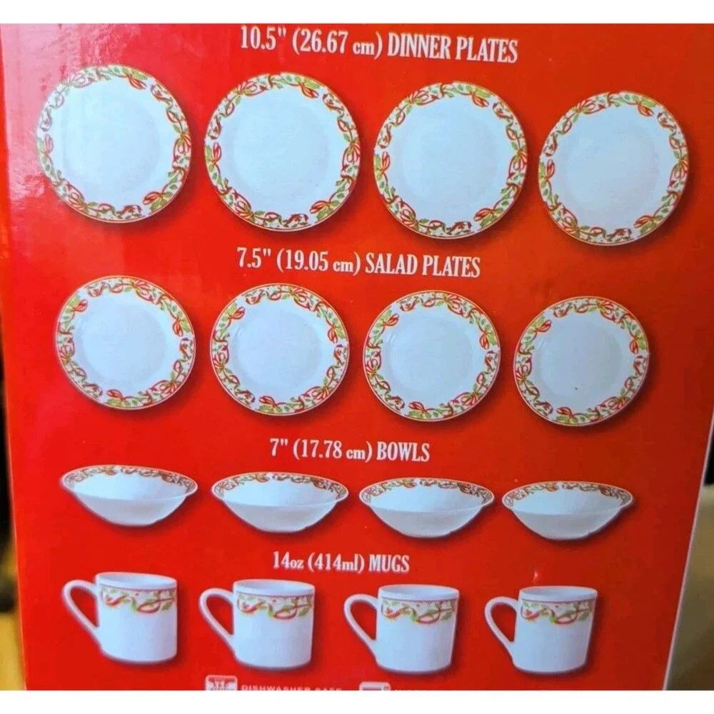 Mulberry Home Collection Dish Set Holly Berry Red Ribbon Christmas 16 Piece